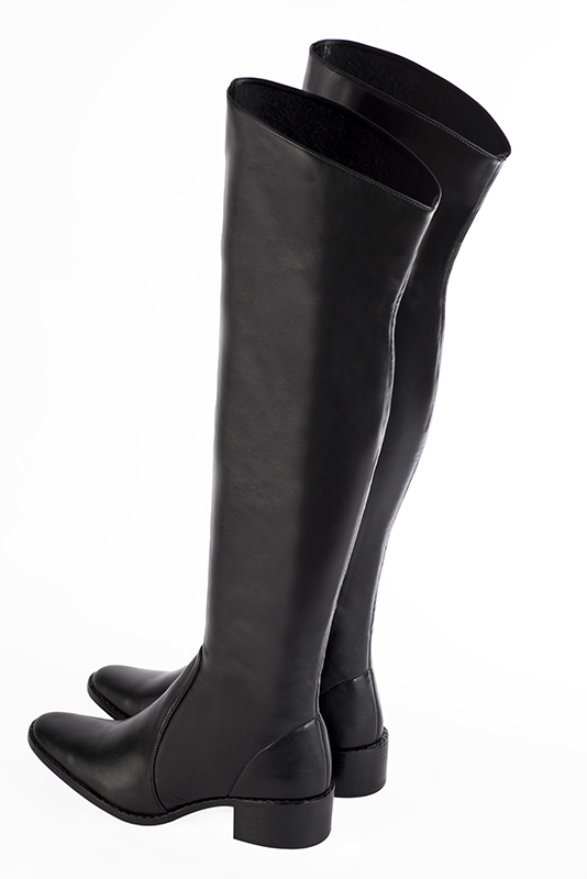 Satin black women's stretch thigh-high boots. Round toe. Low leather soles. Made to measure. Rear view - Florence KOOIJMAN